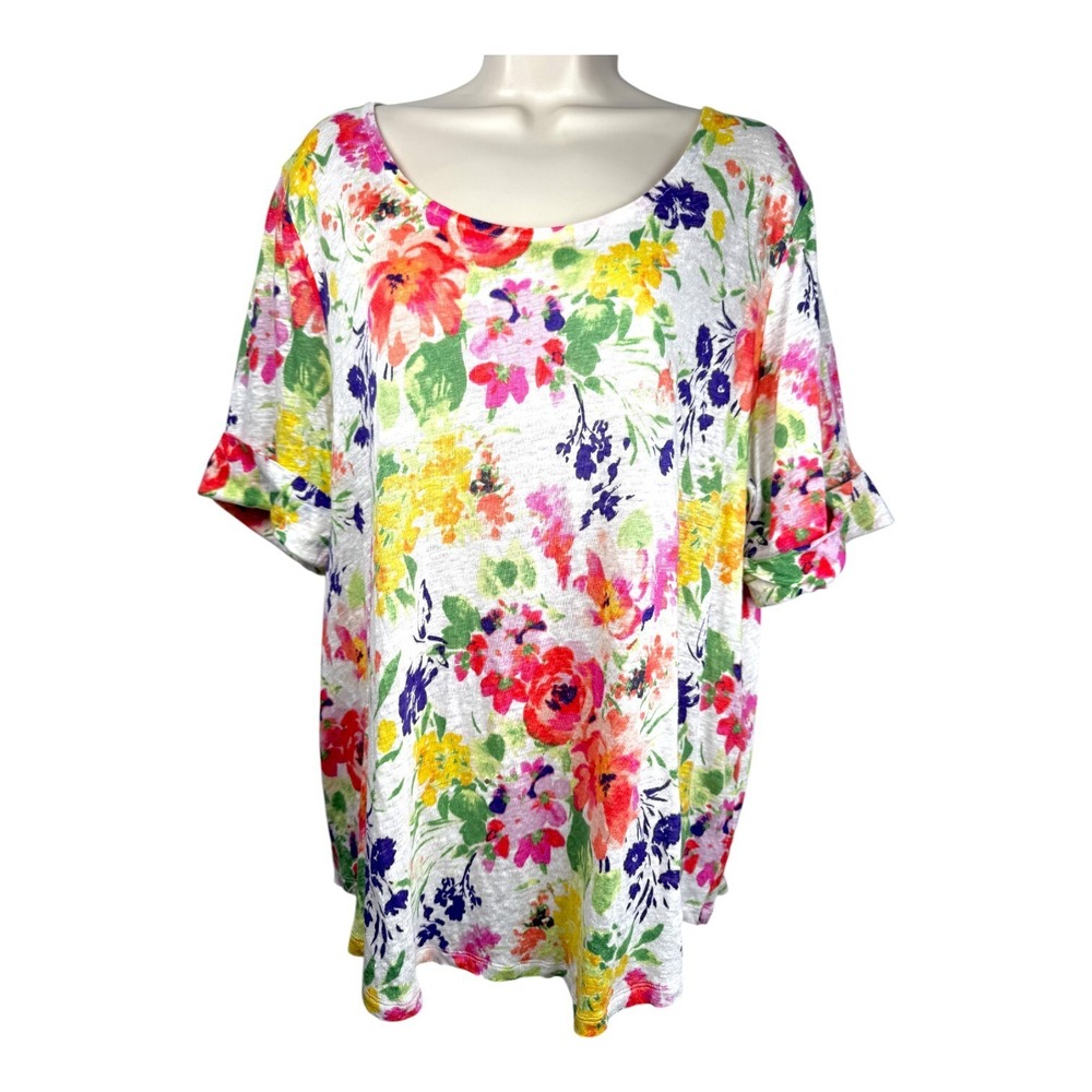 Lauren Ralph Lauren Womens 2X Linen‎ Top Multicolor Floral Cottage Core Spring
